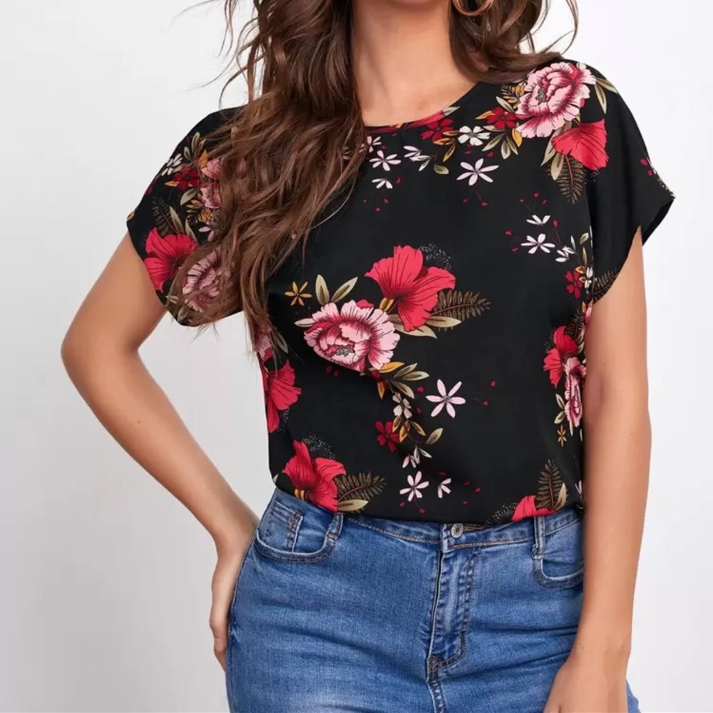Rose Print Dolman Sleeve Top